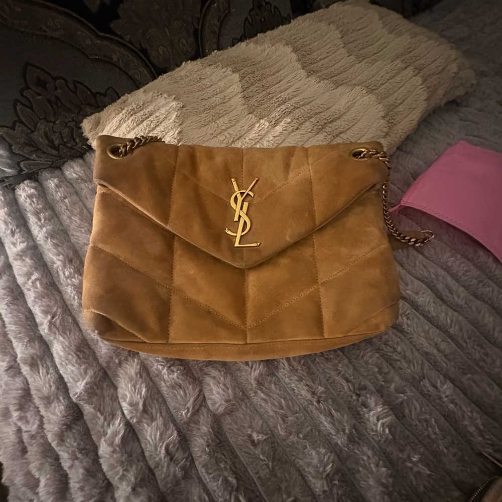 Yves Saint Laurent Camel Suede Quilted Puffer Shoulder Bag